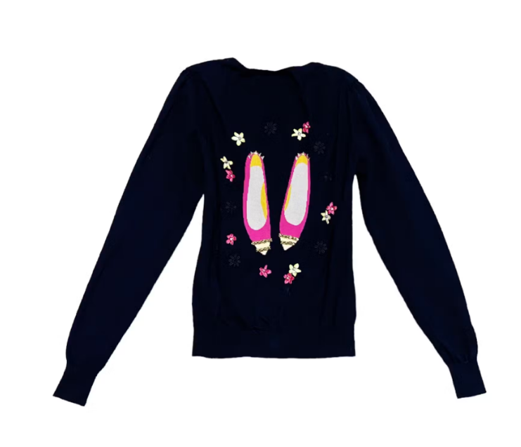 Y2K Anna Sui Rhinestone Shoes Cardigan Sweater Sz XS
