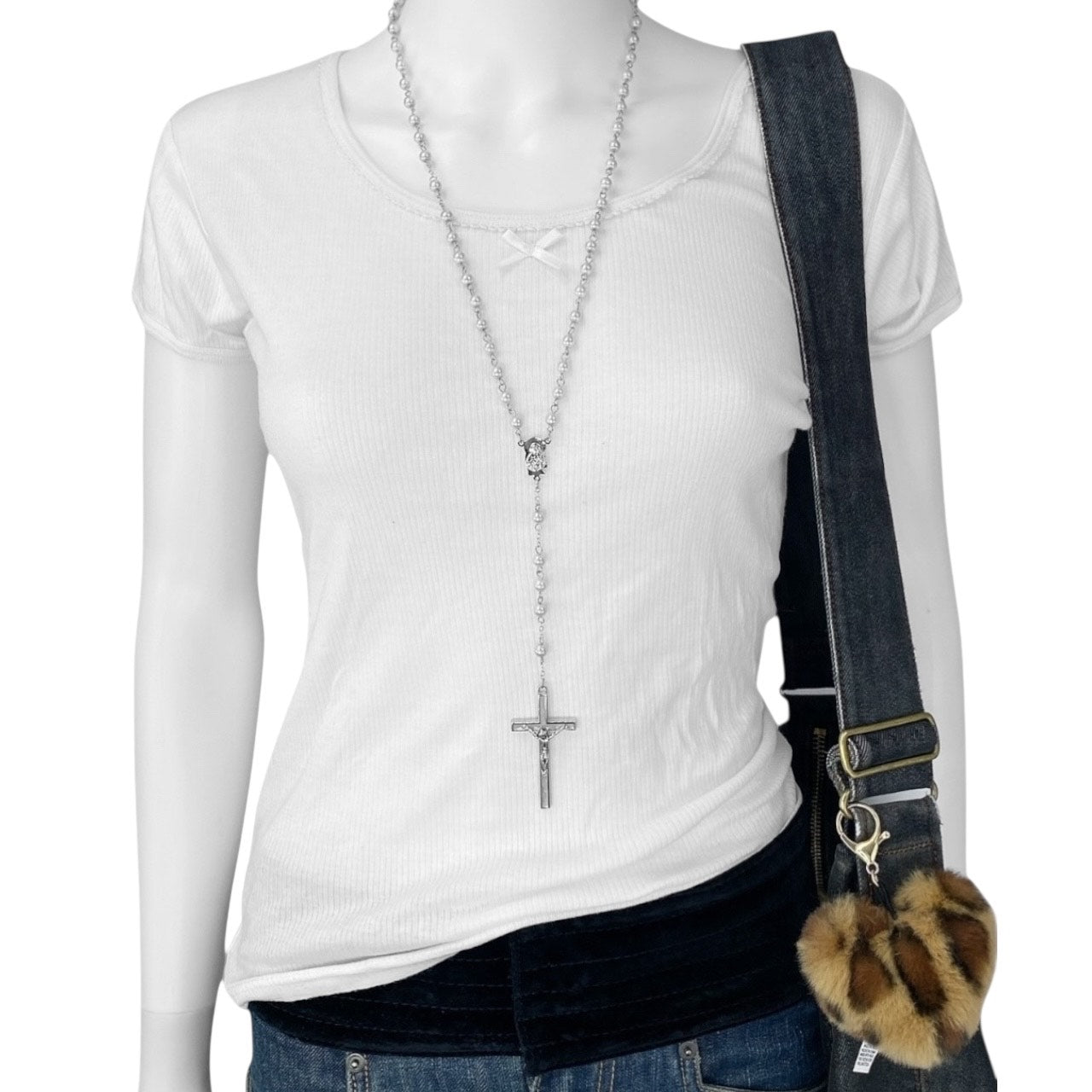 2000s Grunge White Bow Tee Sz S