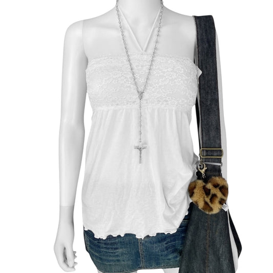 2000s Deadstock White Lace Halter Top Sz S