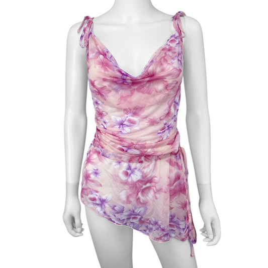 Y2K Gyaru Pink Hibiscus Swimsuit Cover Up Sz S/M