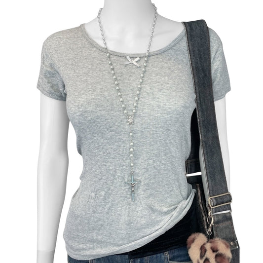 2000s Grunge Gray Bow Tee Sz S