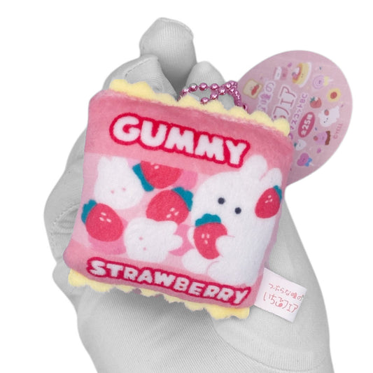Deadstock New Round Eyes Mascot Plush Keychain - Strawberry Bunny Gummies