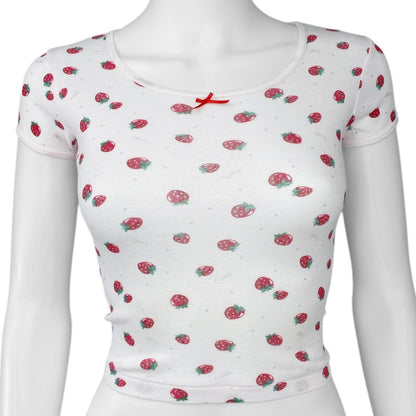 2000s Kawaii Strawberry Bow Tee Sz S