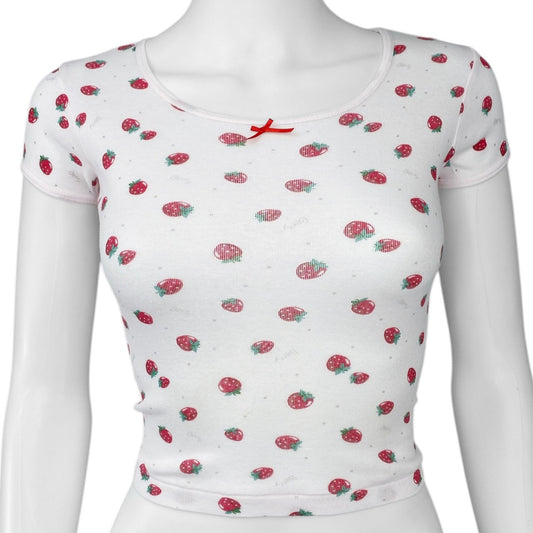 2000s Kawaii Strawberry Bow Tee Sz S