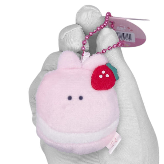 Deadstock New Round Eyes Mascot Plush Keychain - Strawberry Macaroon