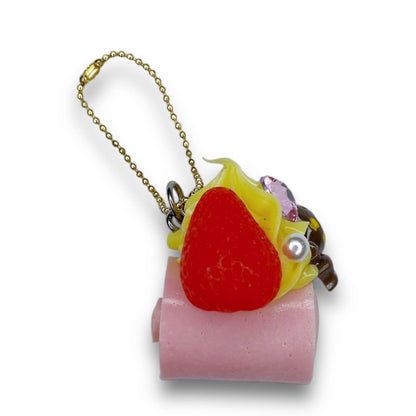 2000s Decoden Sweets Keychain - Strawberry Cream Roll