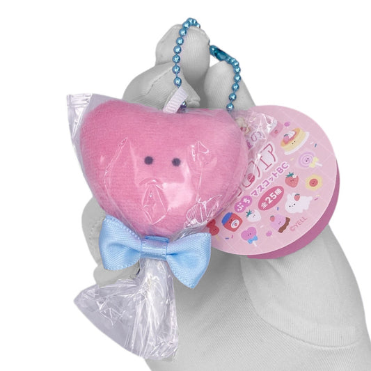 Deadstock New Round Eyes Mascot Plush Keychain - Strawberry Heart Lollipop