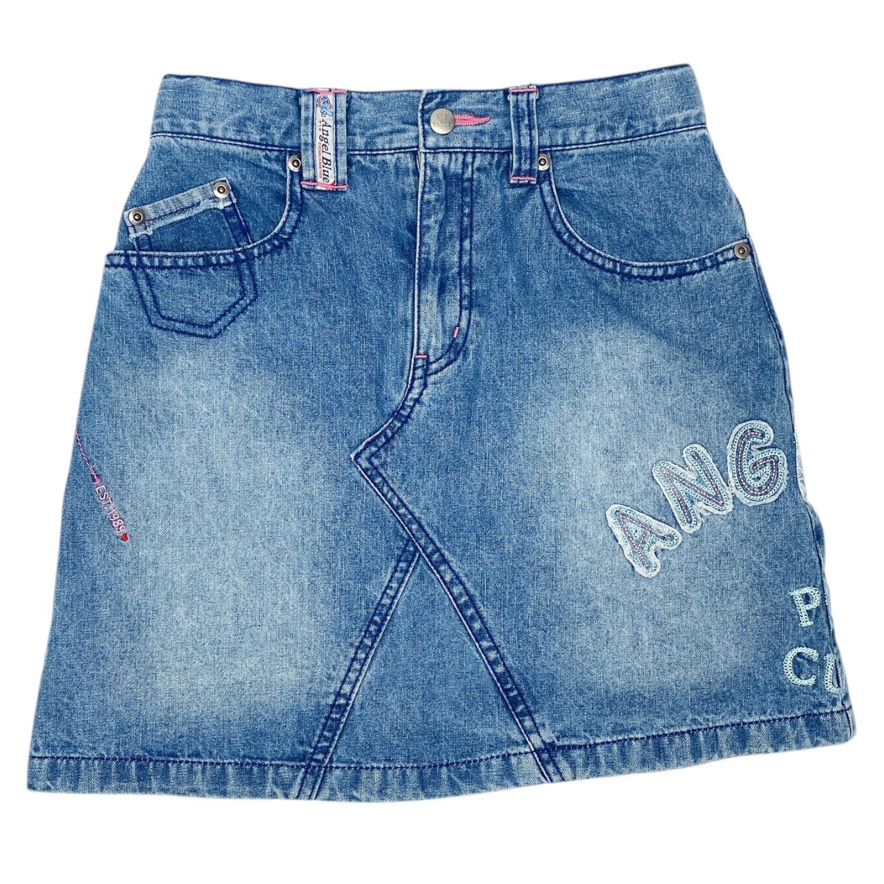 2000s Angel Blue Logo Denim Skirt Sz S