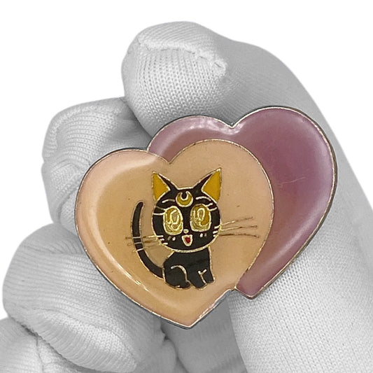 Vintage 90s Sailor Moon Enamel Pin - Luna Cat with Pink Hearts
